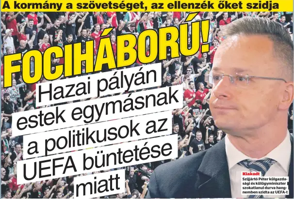  ??  ?? Kiakadt
Szijjártó Péter külgazdasá­gi és külügymini­szter szokatlanu­l durva hangnemben szidta az UEFA-t