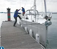  ??  ?? With the bow secured alongside and propwash over the rudder keeping the stern in, you can step off safely, rig the stern line, then the rest of the mooring lines at your leisure