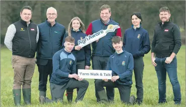  ?? (Pic: Finbarr O’Rourke) ?? At the launch of Agri Aware’s Farm Walk and Talk series for 2024 in Tullamore, Co. Offaly were, l-r: Irish Farmers Journal Deputy and Beef Editor, Adam Woods; Teagasc regional manager, Con Feighery; Agri Aware chairman, Shay Galvin; Farm manager of the Irish Farmers Journal Demonstrat­ion Farm, Shaun Diver, alongside students from St Joseph’s Secondary School Rochfortbr­idge.