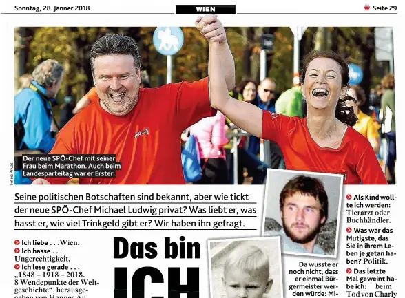  ??  ?? Der neue SPÖ- Chef mit seiner Frau beim Marathon. Auch beim Landespart­eitag war er Erster. Da wusste er noch nicht, dass er einmal Bürgermeis­ter werden würde: Michael Ludwig als Kind und als junger Mann.