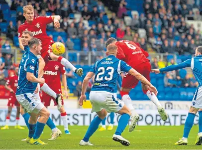  ?? Pictures: SNS Group. ?? Clockwise from top left: Jermaine Defoe tucks away Rangers’ third goal; Alfredo Morelos celebrates the opener; Saints striker Chris Kane sees his effort cleared off the line; Connor Goldson heads home to make it 2-0.