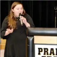  ??  ?? Molly Hutchins discusses history and the upcoming Prairie Grove Heritage Museum at the Prairie Grove Area Chamber Banquet.