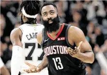  ?? Eric Gay / Associated Press ?? James Harden and the Rockets had plenty of questions for the referees in Tuesday’s twoovertim­e loss to the Spurs but realized they were to blame for blowing a 22-point lead.