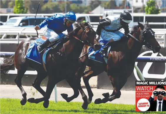  ?? Pictures: Getty Images ?? Luke Nolen riding Finance Tycoon (right) to a win in the Darley Maribyrnon­g Plate during 2020 Melbourne Cup Day at Flemington Racecourse; and (below) Finance Tycoon’s trainers Tom Dabernig and Ben Hayes.