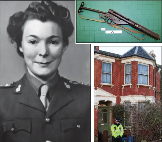  ??  ?? Agent: Eileen Burgoyne in uniform. Police cordoned off her former home, above, after a Sten gun, top, was discovered by builders