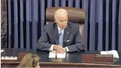  ?? SENATE TV VIA AP ?? Vice President Joe Biden presides over the Senate on Monday. A bill to speed government drug approvals and bolster biomedical research cleared its last procedural hurdle in the Senate on Monday.