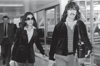  ?? AP ?? The former Olivia Arias and George Harrison at a London airport in 1977. Olivia Harrison recently released a book of poetry.