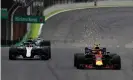  ??  ?? Sparks fly as Max Verstappen (right) overtakes Lewis Hamilton (left) in Sao Paulo. Photograph: Mark Thompson/Getty