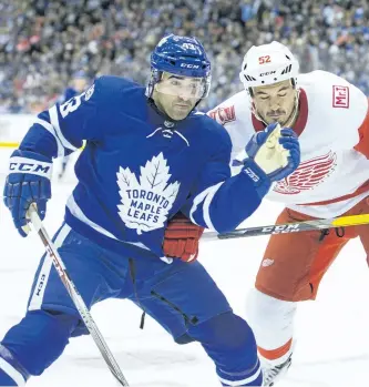  ?? ERNEST DOROSZUK/POSTMEDIA NETWORK ?? Toronto Maple Leafs Nazem Kadri during first period action against the Detroit Red Wings’ Jonathan Ericsson at the Air Canada Centre in Toronto on Wednesday.