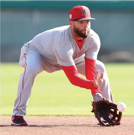  ?? CHRISTOPHE­R EVANS / BOSTON HERALD ?? PLAYING CATCH-UP: Dustin Pedroia fields a grounder yesterday at JetBlue Park as he attempts to continue his recovery from knee surgery in 2017.