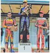  ??  ?? The Spanish Podium: 2: Manuel Alcaraz (Montesa-ESP), 1: Martin Crosswaite (Gas Gas-GBR), 3: Adam Raga (Gas Gas-ESP)