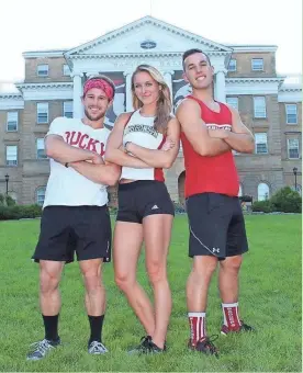  ?? COURTESY OF ANDREW PHILIBECK ?? Zack Kemmerer (from left), Taylor Amann and Andrew Philibeck make up the University of Wisconsin team competing on “Team Ninja Warrior: College Madness.”