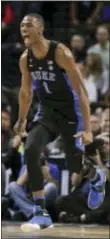  ?? JULIE JACOBSON — THE ASSOCIATED PRESS ?? Duke’s Harry Giles reacts after scoring against North Carolina Friday in New York. Duke won, 93-83.