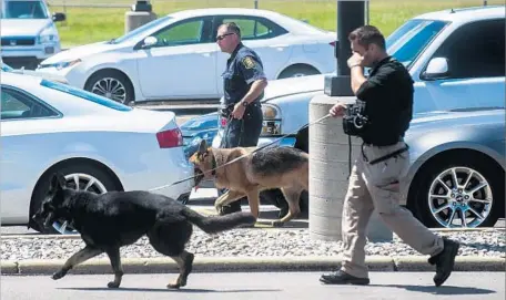  ?? Jake May Flint Journal ?? POLICE search a parking lot after the knife attack at Bishop Internatio­nal Airport. The wounded officer is in satisfacto­ry condition.