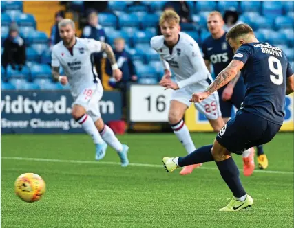  ??  ?? AT THE DOUBLE: Eamonn Brophy finishes expertly from the penalty spot for his — and Kilmarnock’s — second goal in their win over Ross County