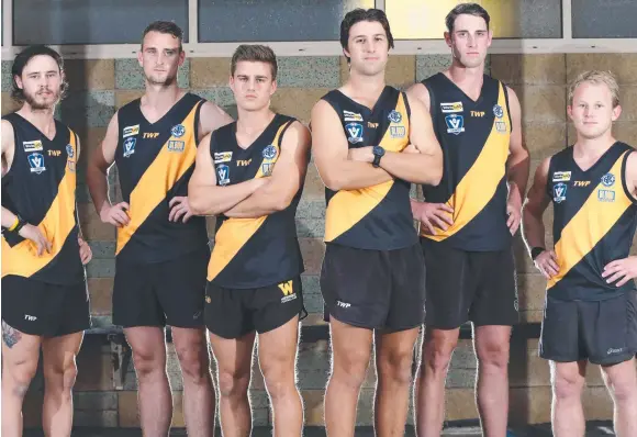 ?? Picture: PETER RISTEVSKI ?? Luke Ford, Tim Delaney, Harrison Whyte, Brady Campi, Cameron Delaney and Nathan Deans form the Tigers leadership group.