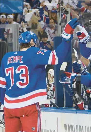  ?? GETTY ?? Rangers’ Matt Rempe celebrates second-period goal in playoff opener against Capitals Sunday at Garden.