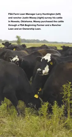  ??  ?? FSA Farm Loan Manager Larry Huntington (left) and rancher Justin Maxey (right) survey his cattle in Nowata, Oklahoma. Maxey purchased the cattle through a FSA Beginning Farmer and a Rancher Loan and an Ownership Loan.