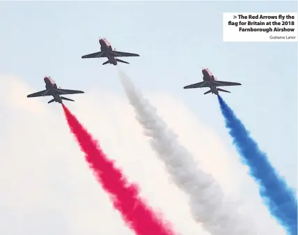  ?? Grahame Larter ?? &gt; The Red Arrows fly the flag for Britain at the 2018 Farnboroug­h Airshow