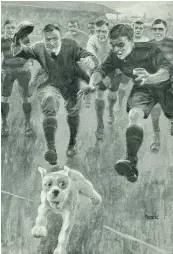  ??  ?? Leete’s keen eye captures the moment a dog interrupte­d a football game in 1910