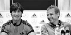  ??  ?? Germany’s headcoach Joachim Loew (L) and US headcoach Juergen Klinsmann address a press conference of the German national football team in Cologne, western Germany on Juni 9, 2015. Germany’s squad prepares for the upcoming friendly game against USA on...