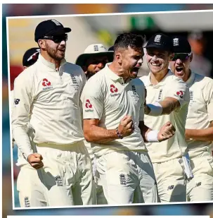  ?? GETTY IMAGES/BT ?? Overturned: James Anderson celebrates with team mates after a successful lbw review for the dismissal of Peter Handscomb leaves Australia on 76-4. DRS showed there was no inside edge and the ball was smashing into leg stump (below)