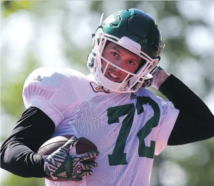  ?? MICHELLE BERG ?? Receiver Jenson Stoshak is turning heads at the Saskatchew­an Roughrider­s training camp for his sure hands and quick feet.