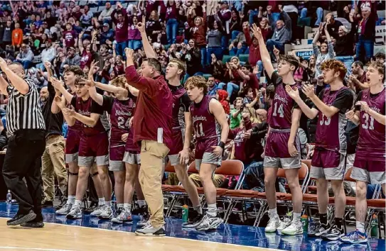  ?? Photos by Stephen Weaver/special to the Times Union ?? Stillwater celebrates during the final seconds of the Class B state championsh­ip game against Marcellus in Glens Falls Friday.