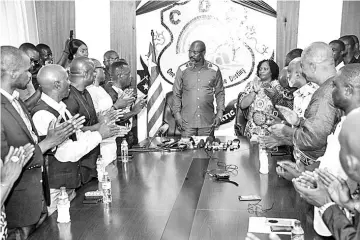  ??  ?? Weah is applauded as he arrives to speak to the press in the Liberian capital Monrovia, the day after Liberia’s elections board officially certified Weah as the winner of the nation’s presidenti­al election, following a tally of all results. — AFP photo