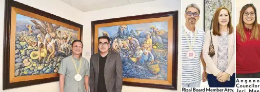  ??  ?? Rizal Vice Governor Reynaldo San Juan Jr. and SM SAVP for operations Allan Brosas with the works of Jose “Pitok” Blanco titled “No Stones Left Unturned” and “Mag-uuling” on the left and right, respective­ly. Visual artist Jerson Samson came to support...