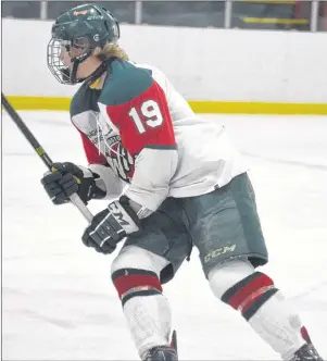  ?? JASON SIMMONDS/JOURNAL PIONEER ?? Forward Frank Fortin scored twice to lead the Kensington Monaghan Farms Wild past the Fredericto­n Caps 5-2 in a New Brunswick/P.E.I. Major Midget Hockey League game at Community Gardens on Saturday night.