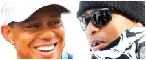  ??  ?? TEETH TALE: In this combo of photos, Tiger Woods, left, smiles as he talks to the media after playing a practice round prior to the Phoenix Open golf tournament on Tuesday in Scottsdale, Ariz. In this Jan. 19 file photo, Tiger Woods, right, missing a...