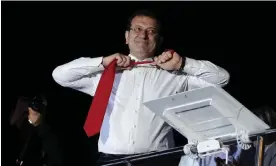  ?? Erdem Şahin/EPA ?? The Republican People's party Istanbul mayoral candidate, Ekrem Imamoğlu, greets his supporters after the polls closed in the local elections in Istanbul on 31 March. Photograph: