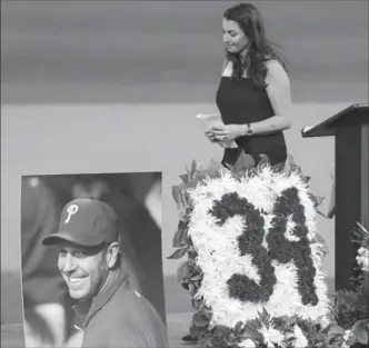  ?? YONG KIM, PHILADELPH­IA INQUIRER ?? Brandy Halladay, wife of late pitcher Roy Halladay, walks off the stage after talking about her husband.