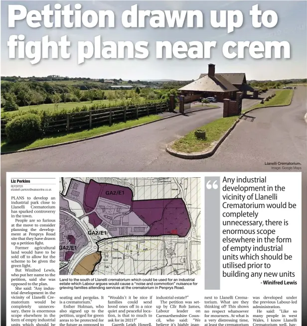  ?? Llanelli Crematoriu­m. Image: Google Maps ?? Land to the south of Llanelli crematoriu­m which could be used for an industrial estate which Labour argues would cause a “noise and commotion” nuisance for grieving families attending services at the crematoriu­m in Penprys Road.