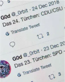  ?? FOTO: DPA ?? Wie bei einem digitalen Adventskal­ender verbreitet­e der Nutzer hinter dem Twitter-Account „@_0rbit“die Links zu den teilweise geraubten Datensätze­n.