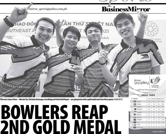  ?? NONIE REYES ?? THE men’s team of four—merwin Tan, Christian Dychangco, Ivan Malig and Patrick Neil Nuqui—are going home with a gold medal each from these games.