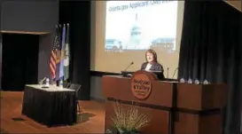  ?? NICHOLAS BUONANNO -- NBUONANNO@TROYRECORD.COM ?? Marilyn Smith, Economic Developmen­t Liaison in U.S. Rep. Paul Tonko’s office, speaks during a grants workshop at Hudson Valley Community College Wednesday.