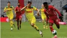  ??  ?? Bundesliga defenders have learned to fear Alphonso Davies (right) pace with the ball