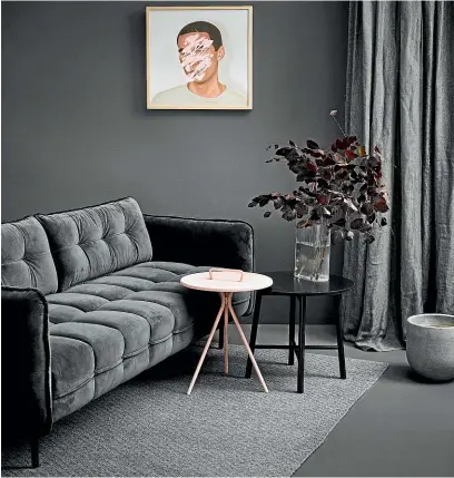  ??  ?? Dark grey is a popular choice for tonal colour schemes. This room is painted in Resene Quarter Bokara Grey.