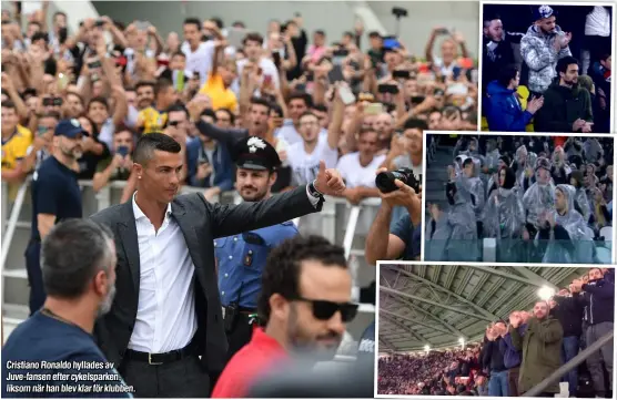  ??  ?? Cristiano Ronaldo hyllades av Juvefansen efter cykelspark­en, liksom när han blev klar för klubben.