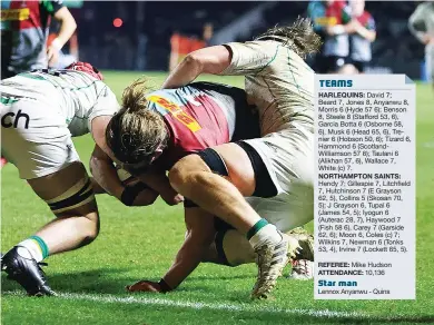  ?? PICTURES: Getty Images ?? Made to pay: Luke Wallace dives over for Quins’ decisive try