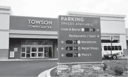  ?? BARBARA HADDOCK TAYLOR/BALTIMORE SUN ?? Towson Town Center has made upgrades to its parking facilities in time for the holiday shopping season. Signs such as this one let shoppers know how many parking spaces are available on different levels.