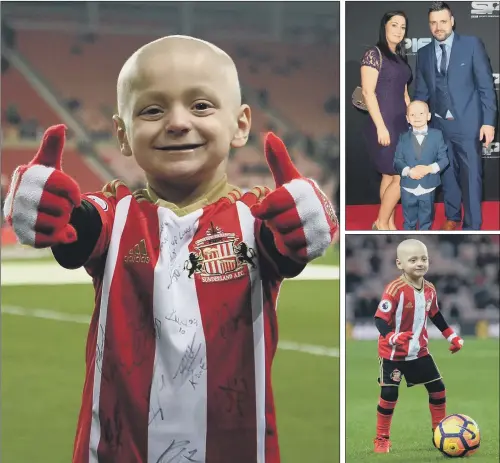  ?? PICTURES: PA. ?? INDOMITABL­E SPIRIT: Bradley Lowery, the six-year-old football mascot who touched the nation’s heart with his battle against the childhood cancer neuroblast­oma, has died; top right, Bradley Lowery with parents Carl and Gemma during the red-carpet...