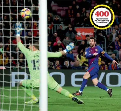  ?? Reuters ?? Barcelona’s Lionel Messi takes a shot on the goal as Levante’s goalkeeper Oier attempts to effect a save. —