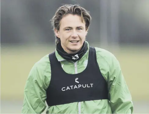  ??  ?? 0 Midfielder Scott Allan in training ahead of Hibs’ Betfred Cup semi-final clash with St Johnstone tomorrow