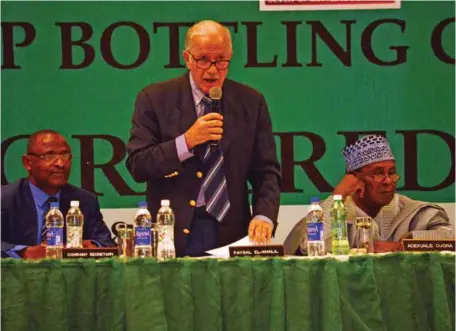  ??  ?? L-R: Representa­tive of Equity Services Limited, Company Secretarie­s to SBC, Samuel Uboh; Chairman, SBC Mr. Faysal El-Khalil and Director, SBC, Otunba Adekunle Ojora at SBC’s annual general meeting in Lagos … recently