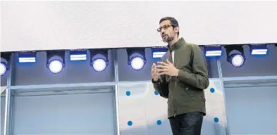  ?? DAVID PAUL MORRIS / BLOOMBERG ?? Google chief executive Sundar Pichai speaks at the Google I/O Developers Conference in Mountain View, Calif., on Tuesday. Google’s experiment­al Duplex voice assistant, which can converse, sparked a strong reaction at the show.