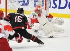  ?? CP FILE PHOTO ?? Canada’s Akil Thomas scores against Russia in the gold medal game at the World Junior Hockey Championsh­ips in Ostrava, Czech Republic in this January file photo.