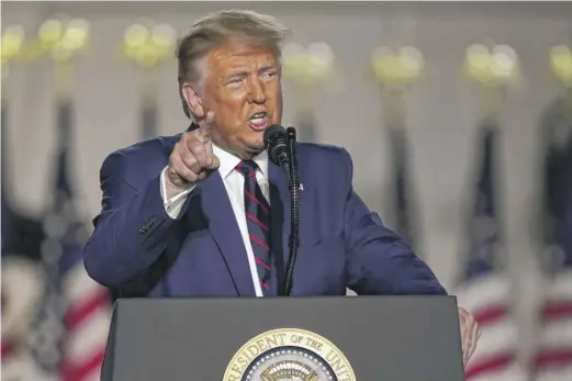  ?? EVAN VUCCI/AP ?? President Donald Trump addresses the Republican Convention on Thursday from the South Lawn of the White House.